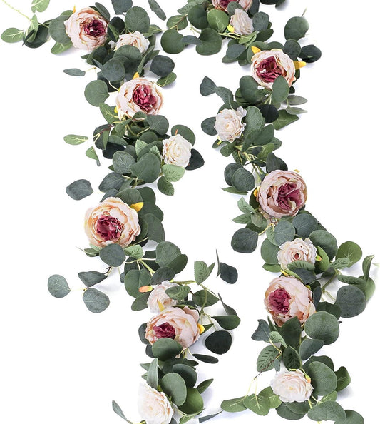 Guirnalda de hojas de eucalipto y flores artificiales (peonías y rosas), 2 - VIRTUAL MUEBLES