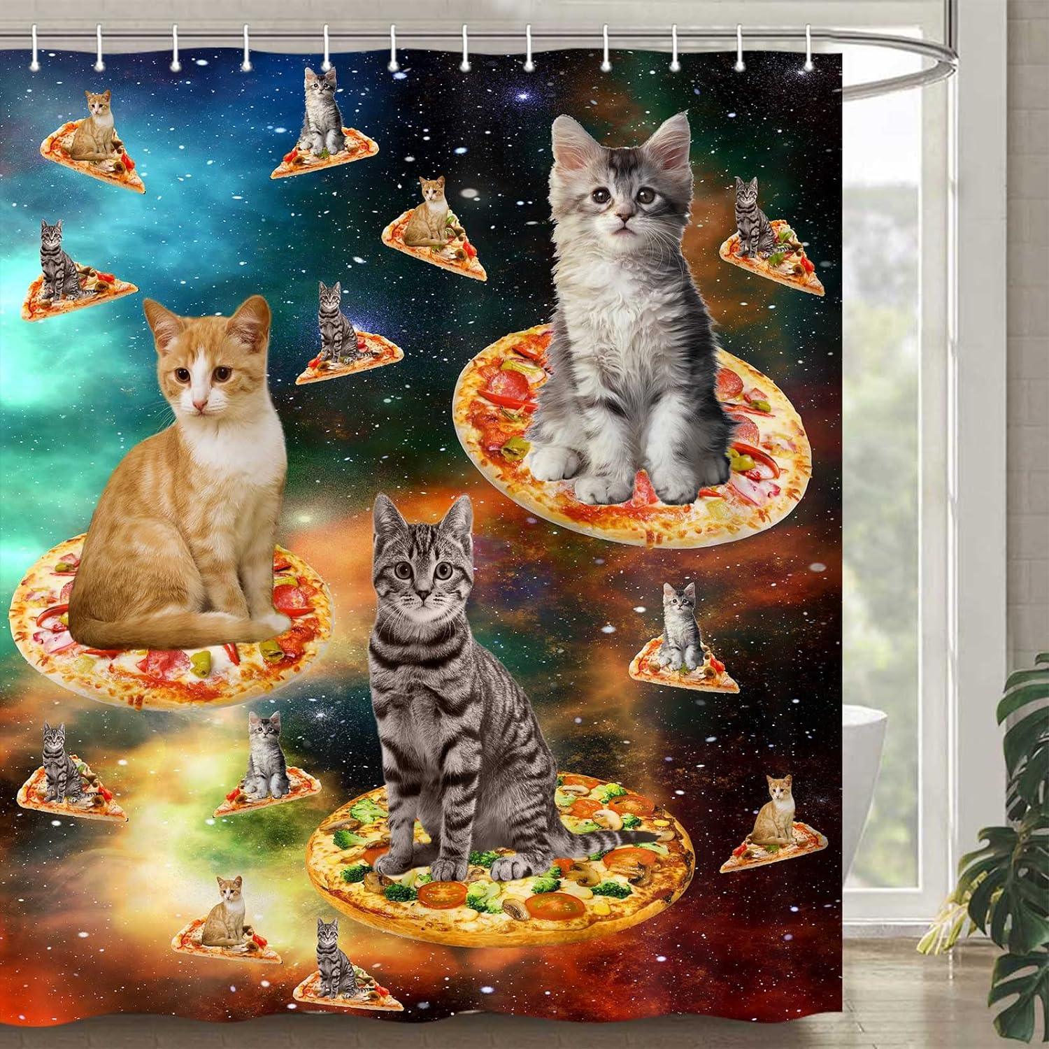 Divertida cortina de ducha con diseño de gatos, rústica, rosa, margarita,  floral, lindo gato, divertida, mascota, bohemio, amante de los gatos, juego
