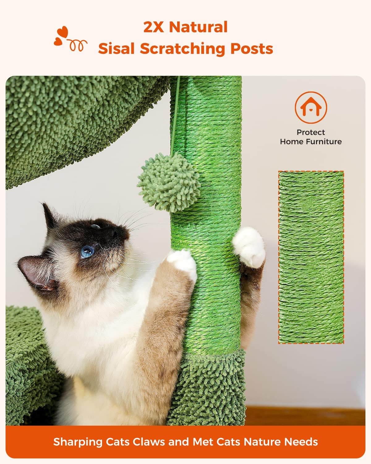 Árbol de gato de cactus de 40 pulgadas con hamaca grande de metal para alfombra
