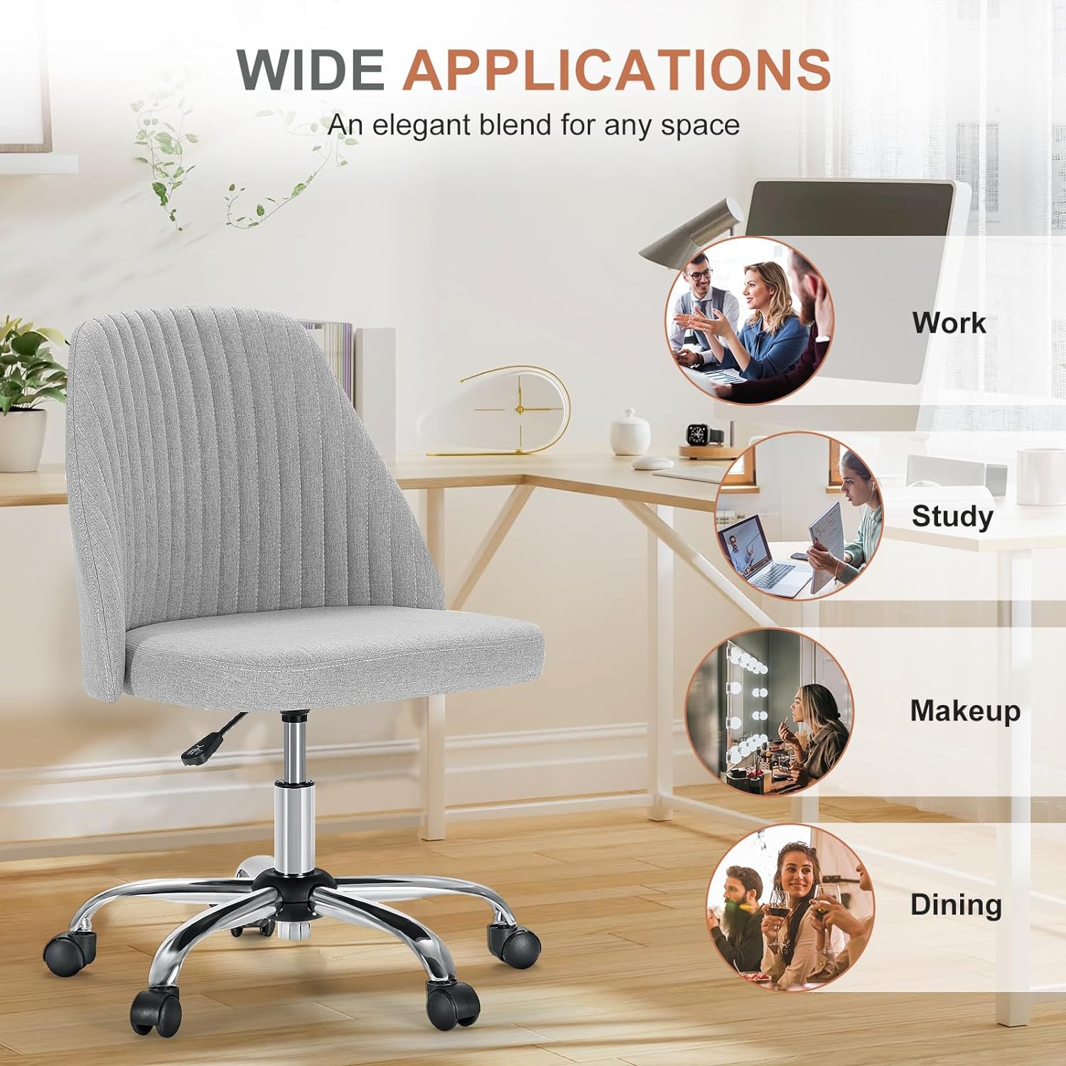 Silla de oficina sin brazos, bonita silla de escritorio de tela moderna,  sillas de escritorio de oficina en casa con ruedas, silla giratoria  ajustable