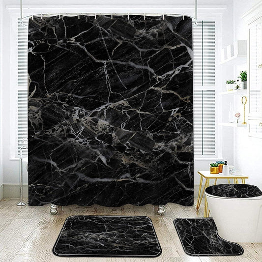 Juego de cortina de ducha de mármol negro con alfombras de baño, 4 piezas con - VIRTUAL MUEBLES