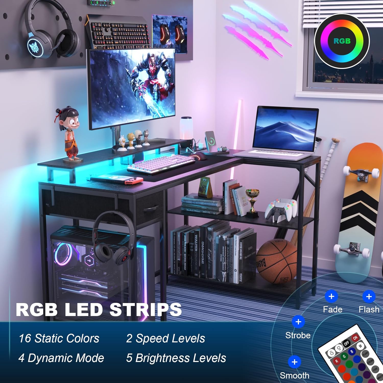 Escritorio para juegos de 60 pulgadas con luces LED RGB, escritorio gr -  VIRTUAL MUEBLES