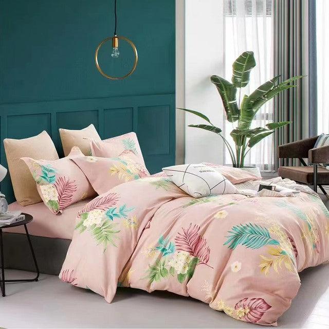 Duvet Estampado Hojas En Rosa Doble + Sábana Plana