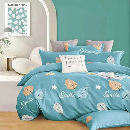 Duvet Estampado Hojas En Azul Doble + Sábana Plana