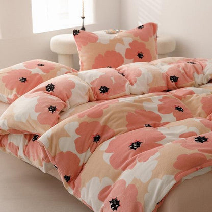Funda Duvet Digital De Franela Con Estampado Flores Rosas Queen + Sábana Plana