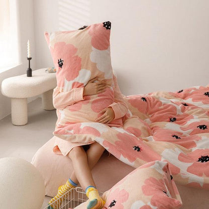 Funda Duvet Digital De Franela Con Estampado Flores Rosas Queen + Sábana Plana