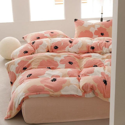 Funda Duvet Digital De Franela Con Estampado Flores Rosas Queen + Sábana Plana