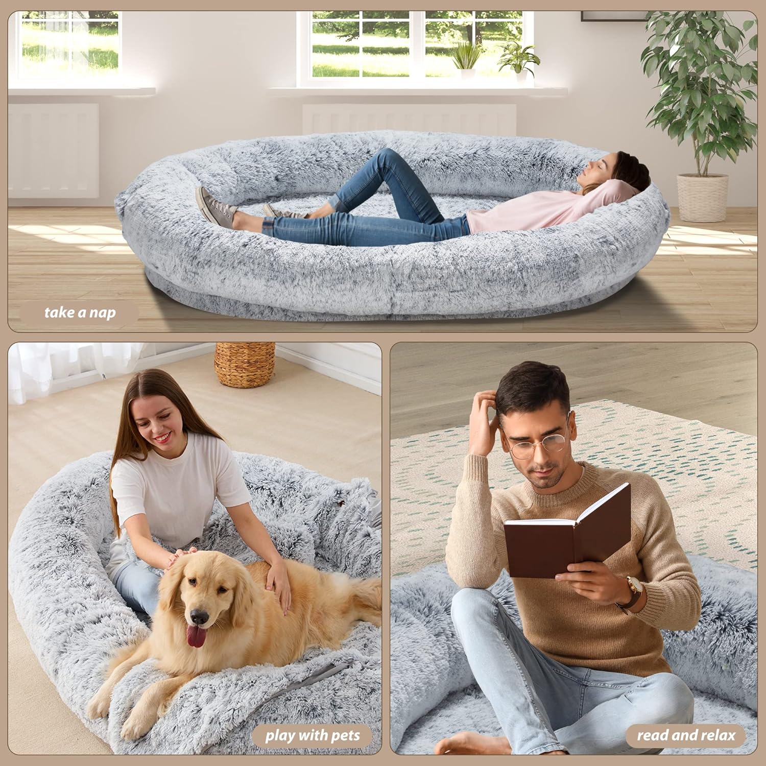  Kumcahom Puf cama para humanos, puf, cama de tamaño humano  grande para adultos, mascotas, con manta, 75.5 x 55 x 12 pulgadas (gris) :  Productos para Animales