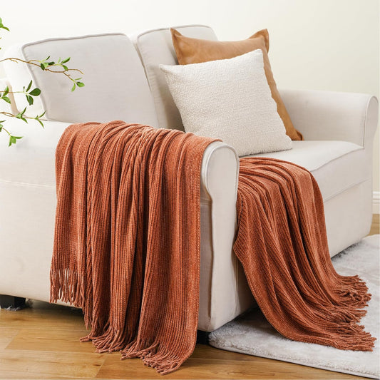Manta naranja óxido para sofá, manta de punto de felpilla suave con borlas para