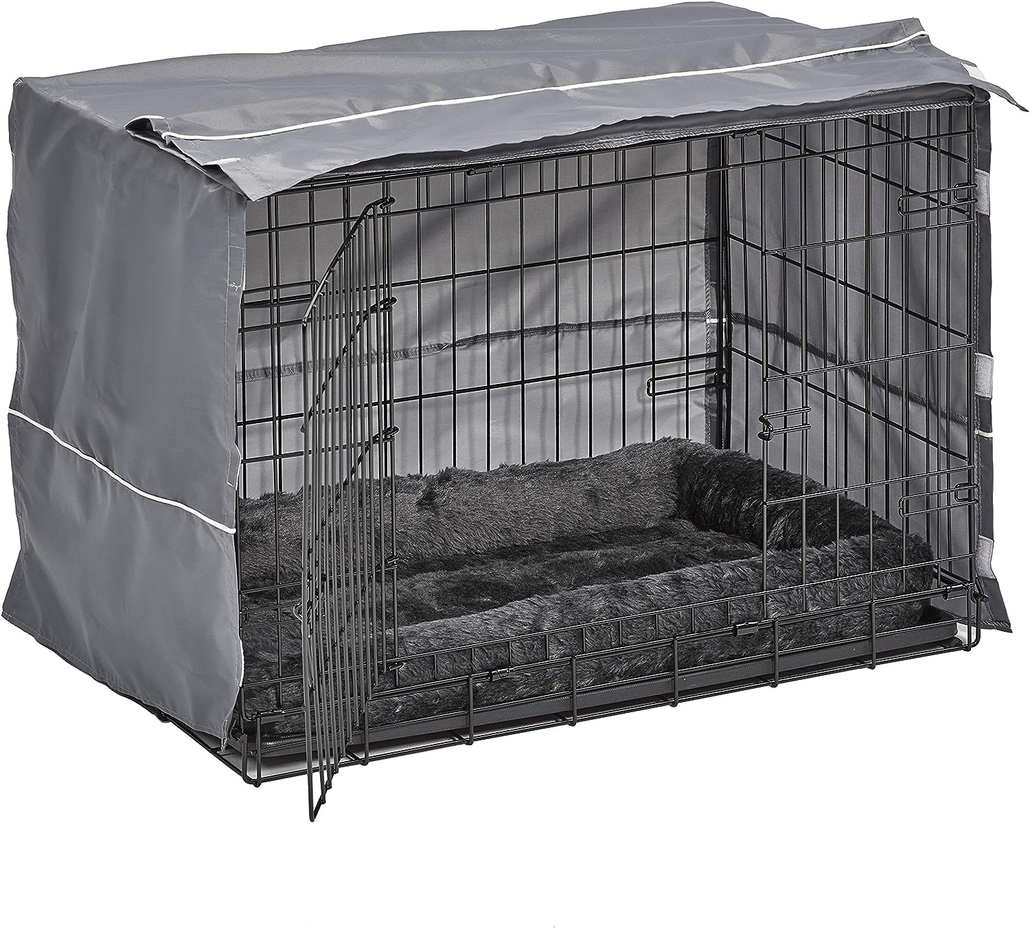 New World Kit de jaula para perros de doble puerta incluye una cama gris y