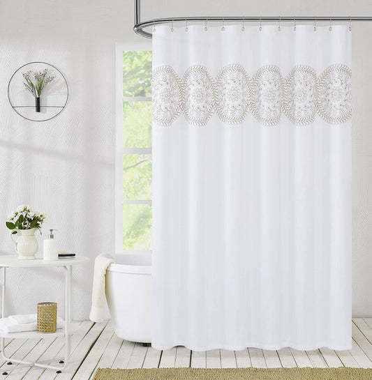 Jubilantex Cortina de ducha bordada en color tostado y blanco para baño, tela - VIRTUAL MUEBLES