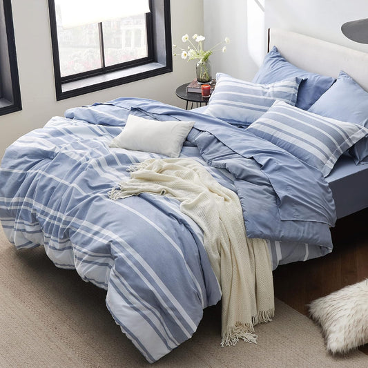 Bedsure Bed in a Bag Juego de edredón tamaño Queen de 7 piezas a rayas azules y
