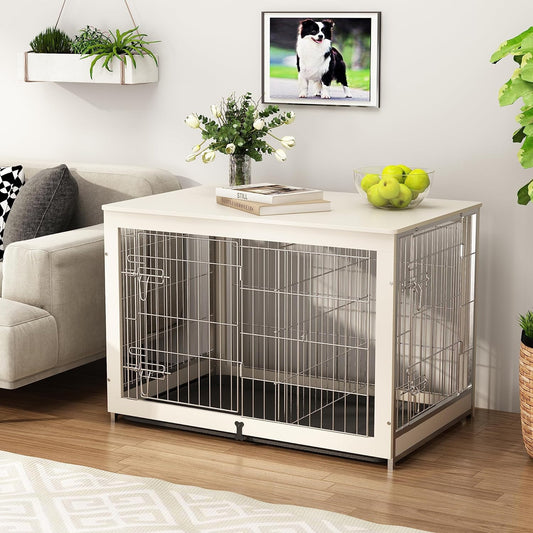Mueble de madera para perros con panel divisor, mesa auxiliar de jaula para