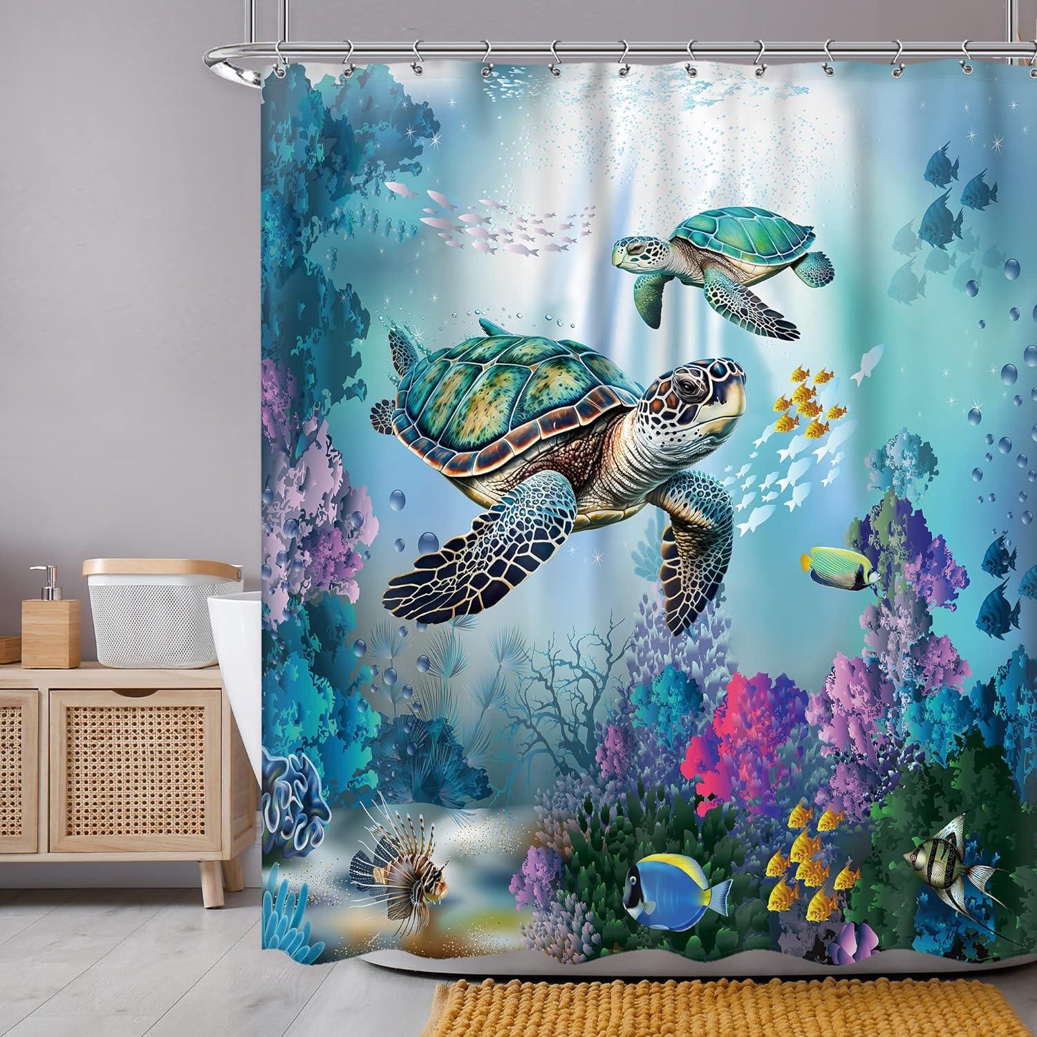 72 x 72 pulgadas, juego de cortinas de ducha de tela impermeable de mar  verde azulado con animal pulpo, estrella de mar, tortuga, ancla, pez