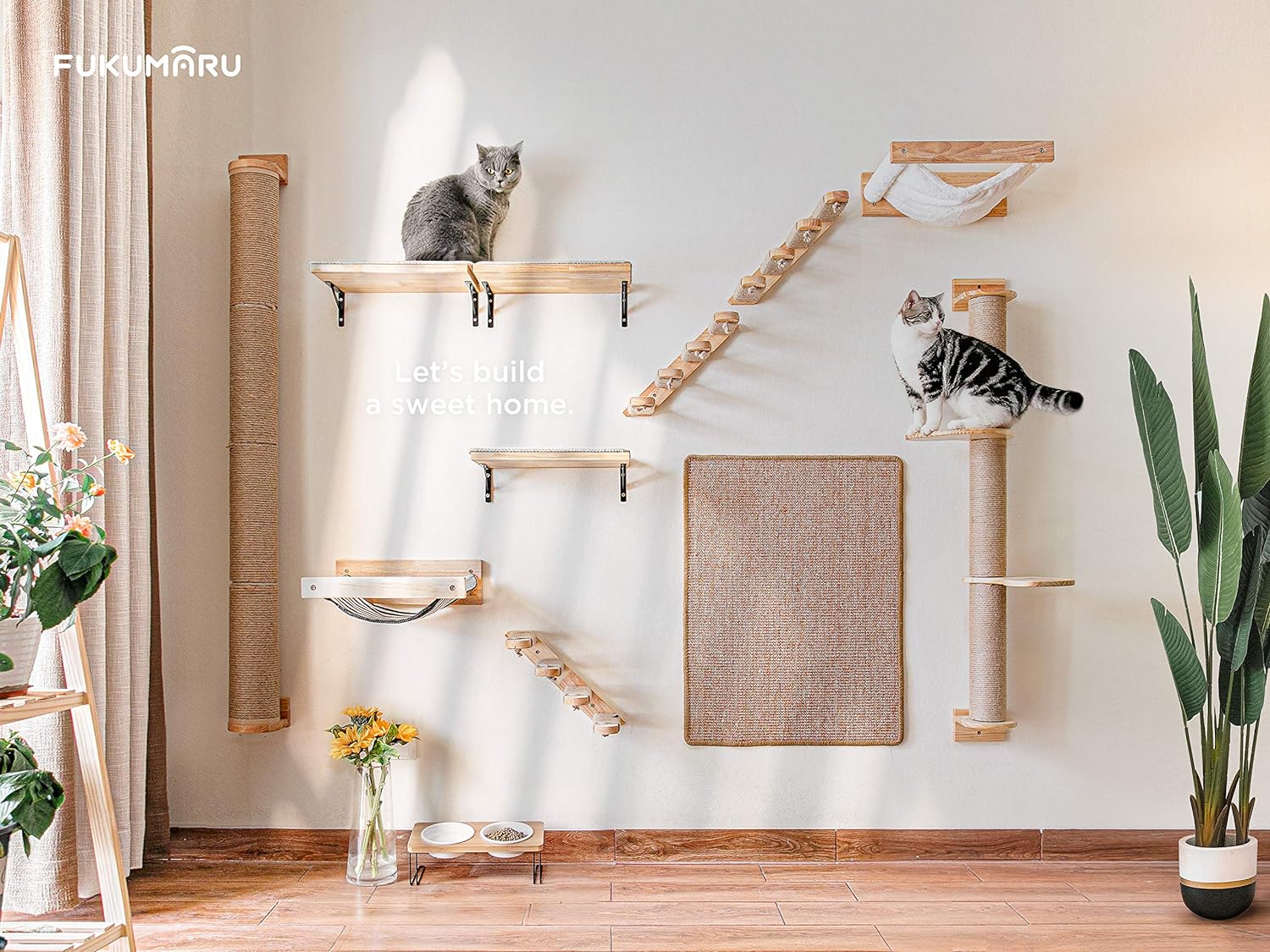 FUKUMARU Estante de escalada para gatos montado en la pared, escalera para