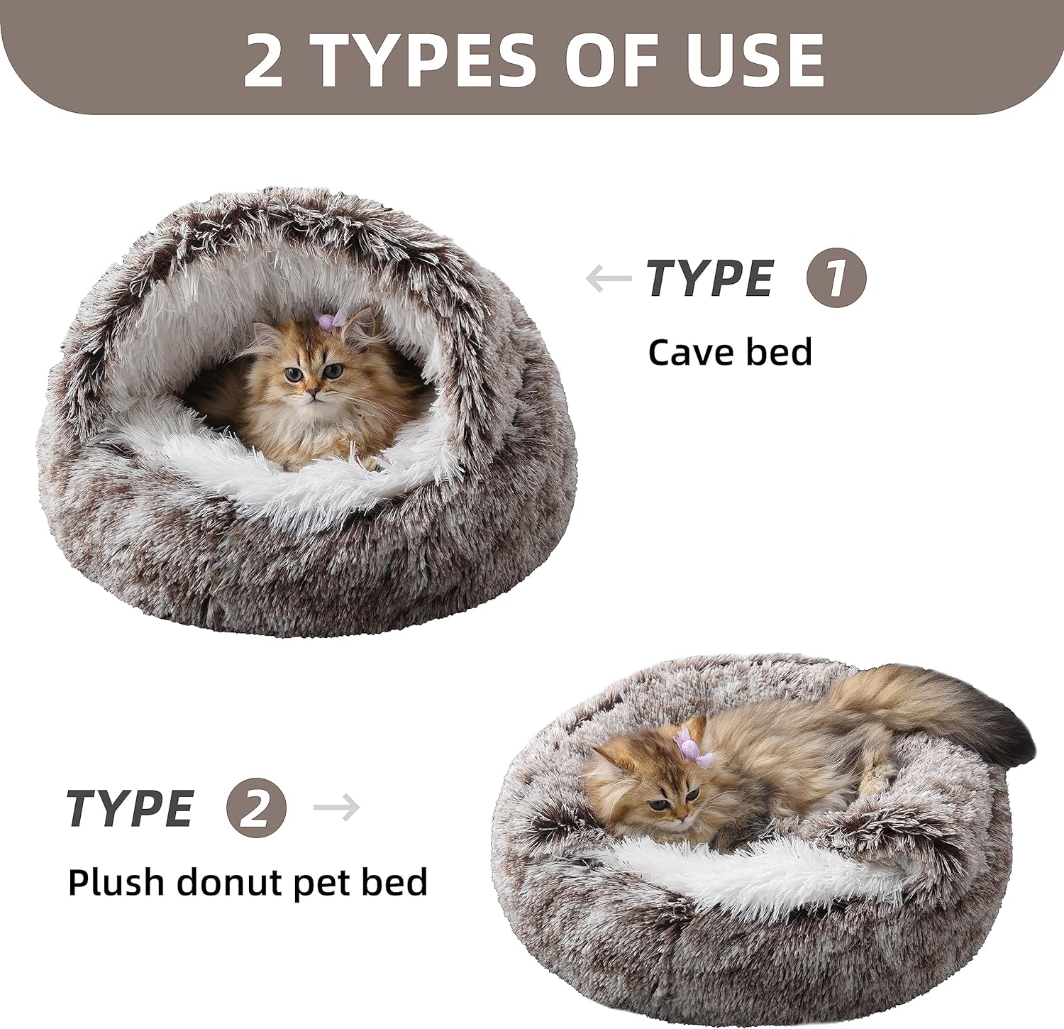 Cama redonda de felpa esponjosa con capucha para gatos, cama calmante para