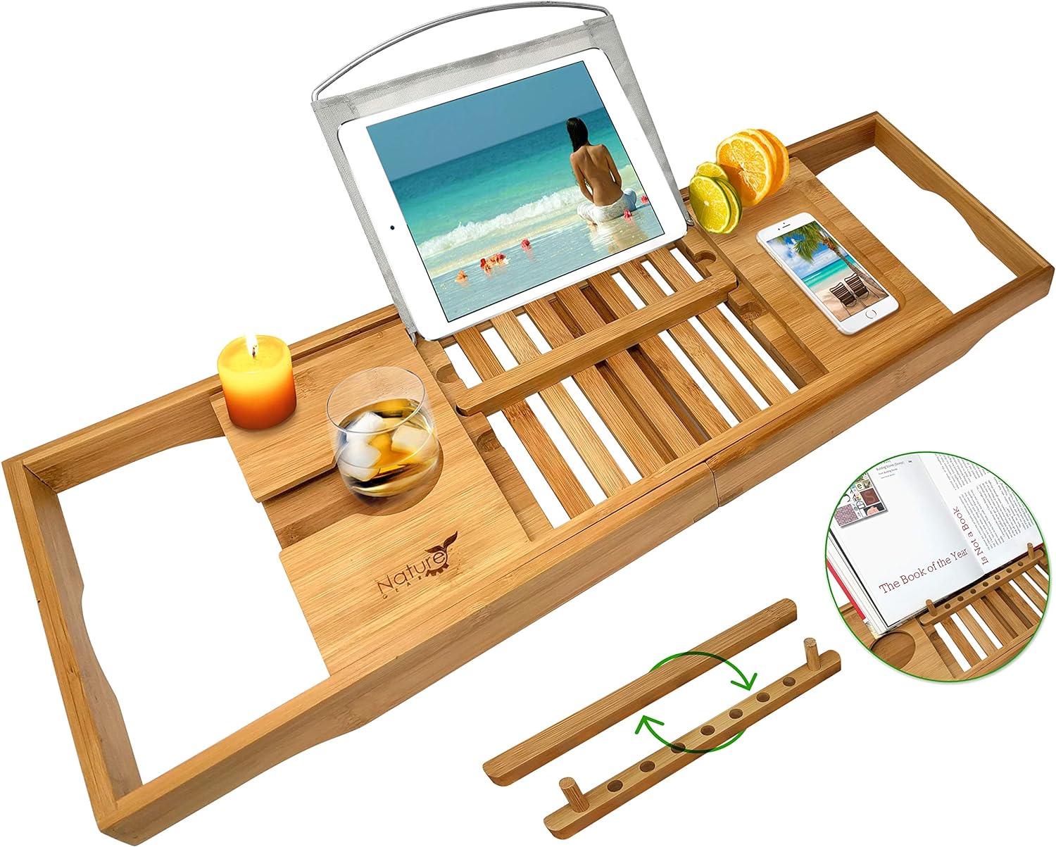Bandeja de baño de lujo de bambú de madera para tu libro, tableta o teléfono - VIRTUAL MUEBLES