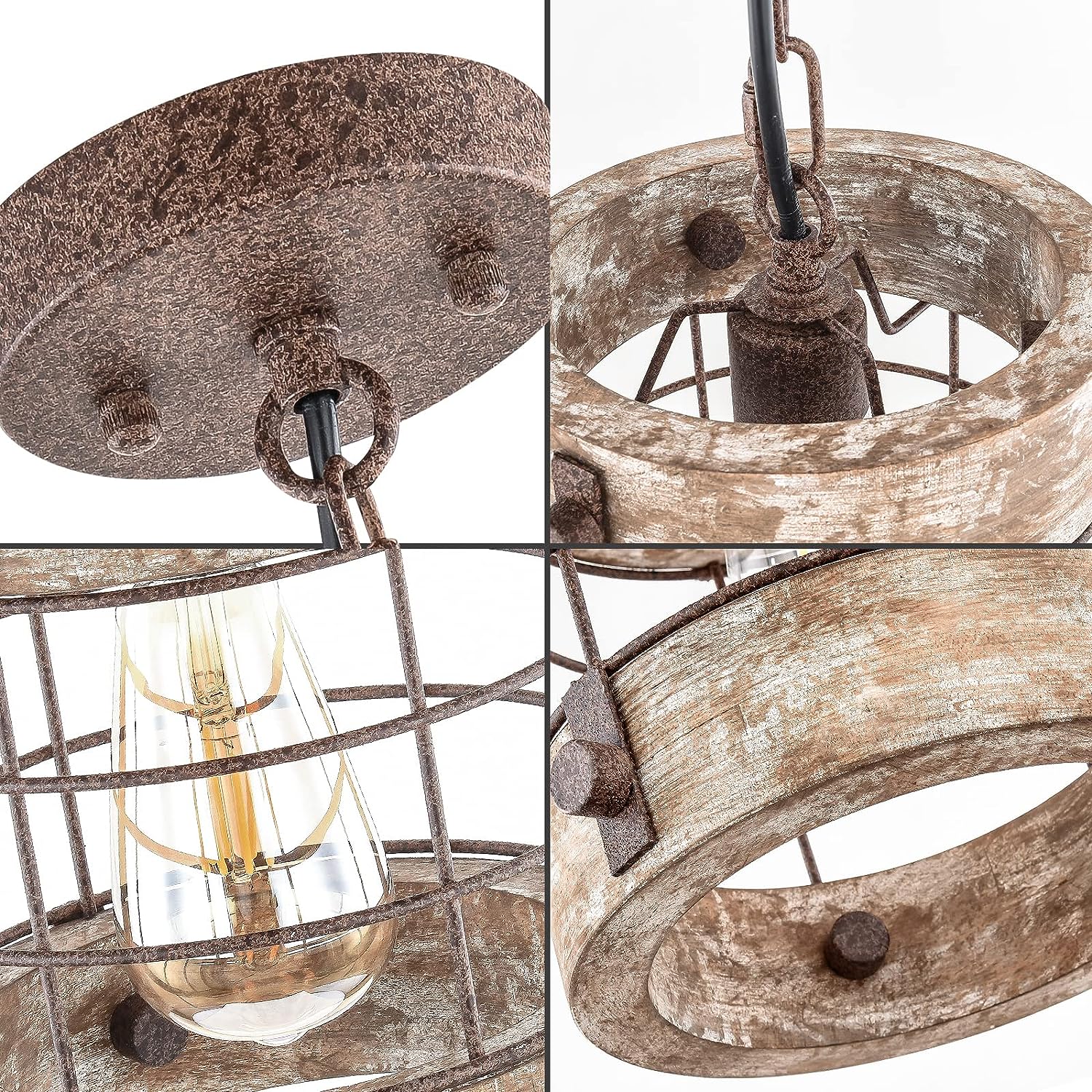 wochos Lámpara de araña industrial retro de metal y madera, lámpara colgante de