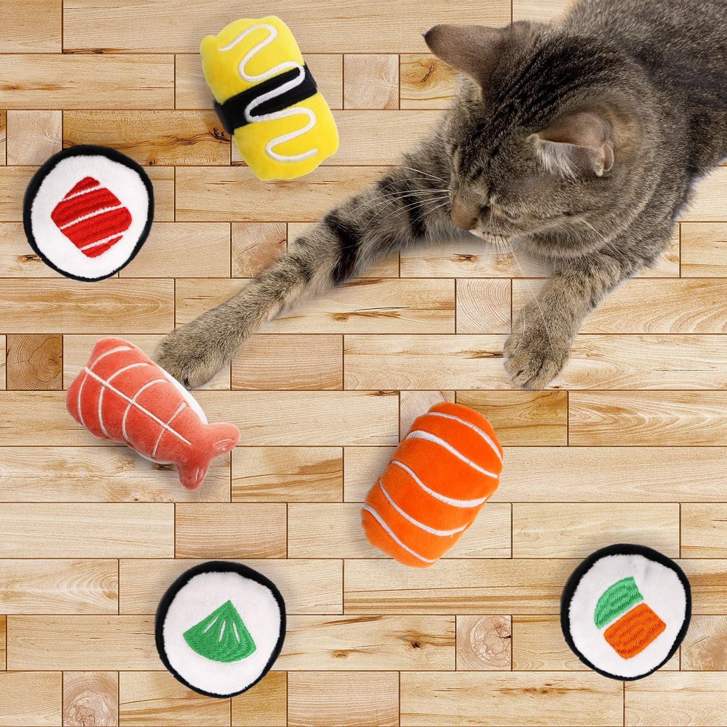Paquete de 6 juguetes de sushi para gatos con hierba gatera, almohada de rollo