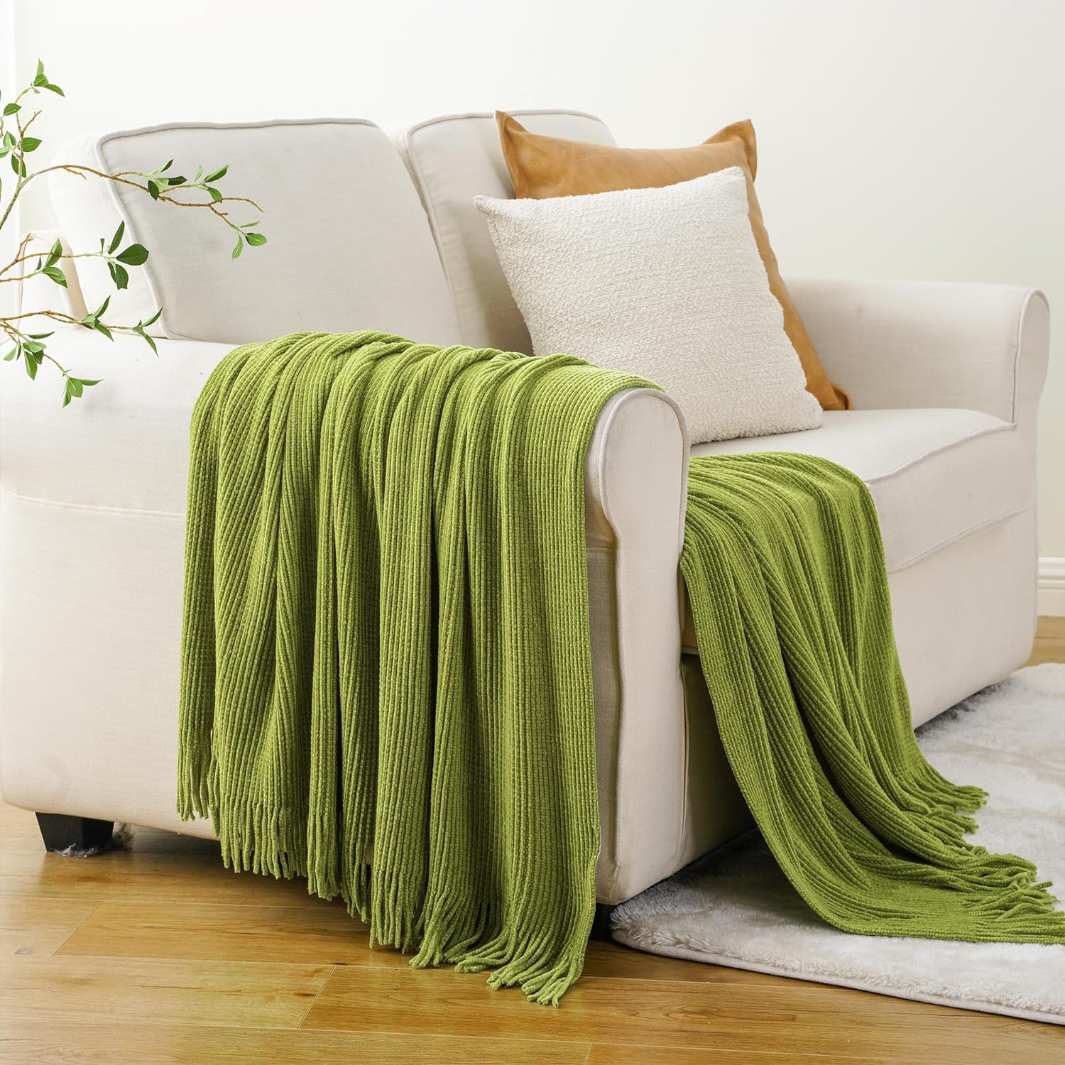 Manta verde manzana para sofá, manta de punto de felpilla suave con borlas  para