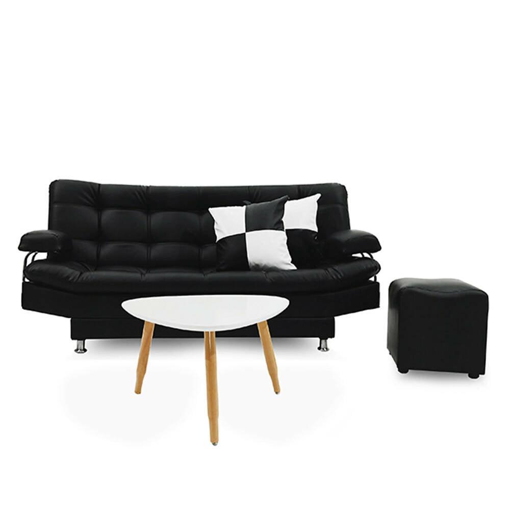 Sofá cama Moltochic con brazos negro sintético, puff, mesa de centro y cojín - VIRTUAL MUEBLES