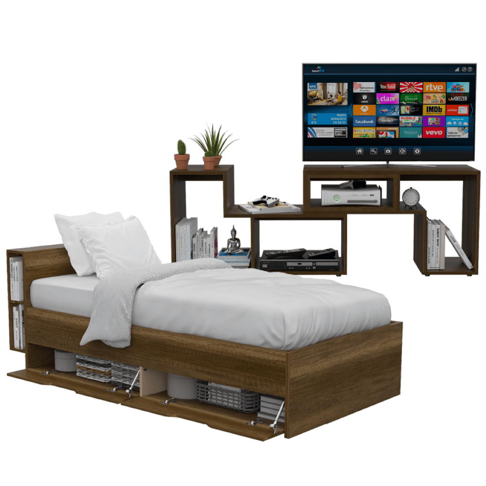 Combo para Habitación Rea, incluye Cama sencilla y Mesa para TV.