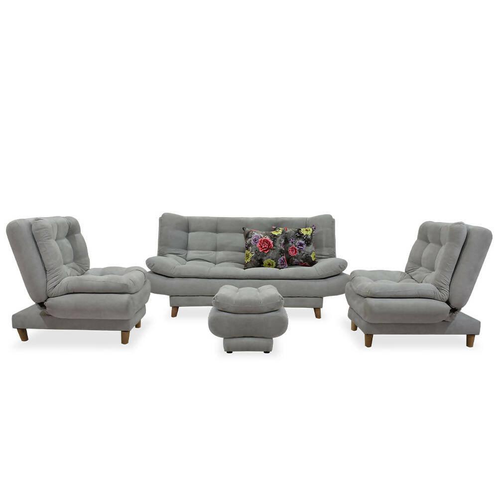 Sala Damasco jumbo Lino gris, cojines de regalo y patas de madera - VIRTUAL MUEBLES