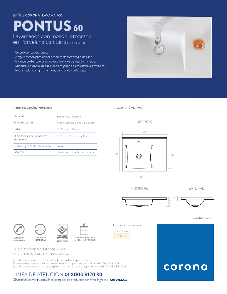 Lavamanos Corona Pontus 60 Con Desague 8 Pulgadas - VIRTUAL MUEBLES
