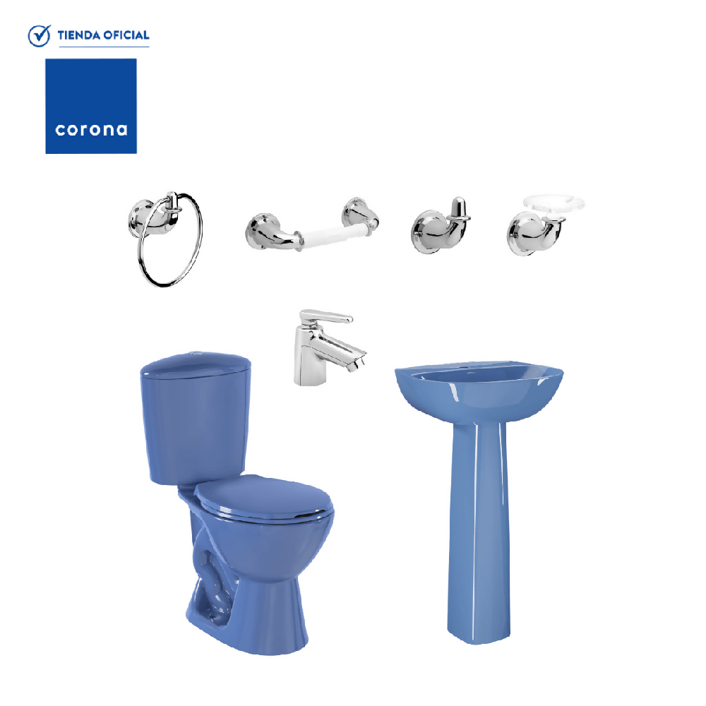 Combo Corona Sanitario Manantial Pro Redondo Botón con Pedestal Azul - VIRTUAL MUEBLES