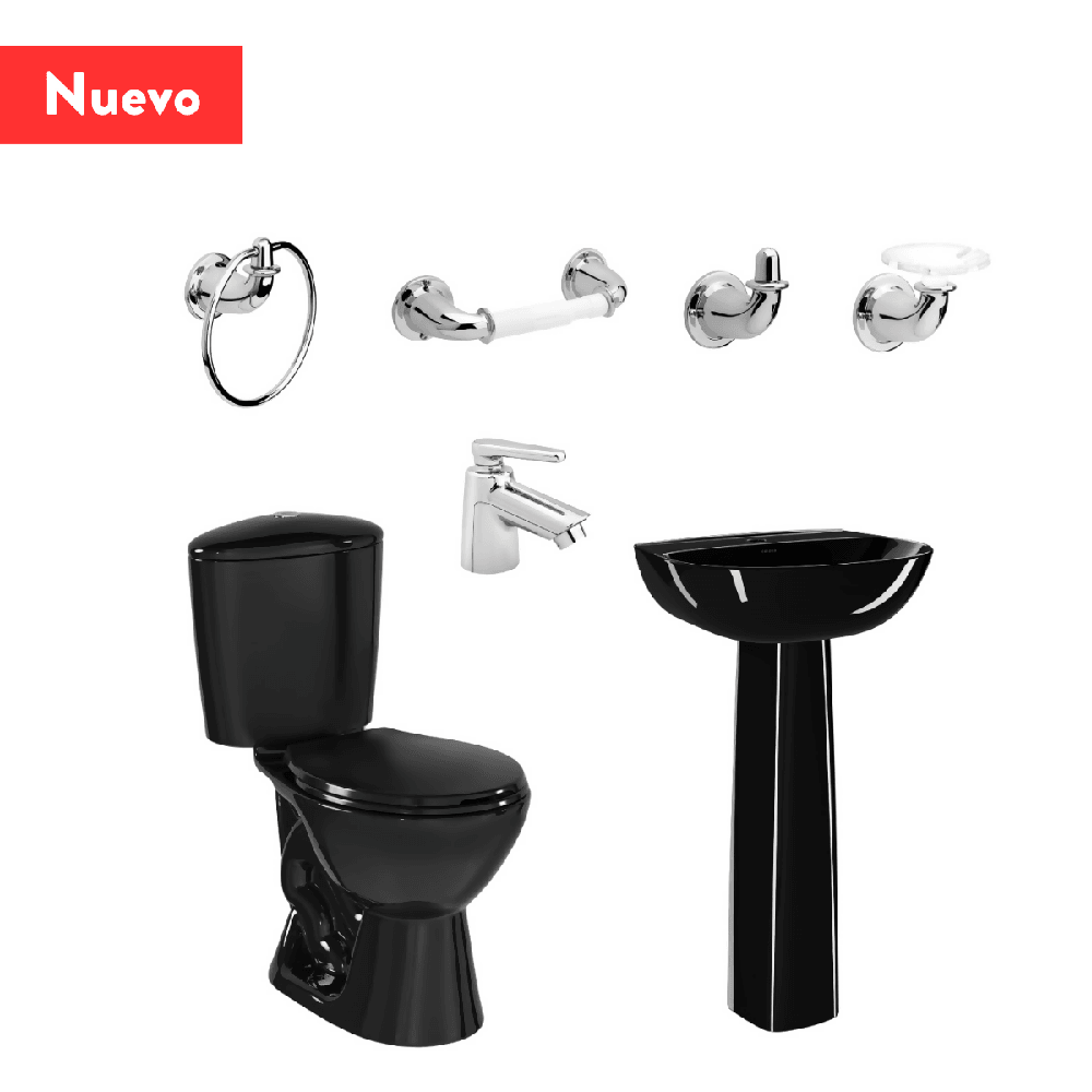 Combo Corona Sanitario Manantial Pro Redondo Botón con Pedestal Negro - VIRTUAL MUEBLES