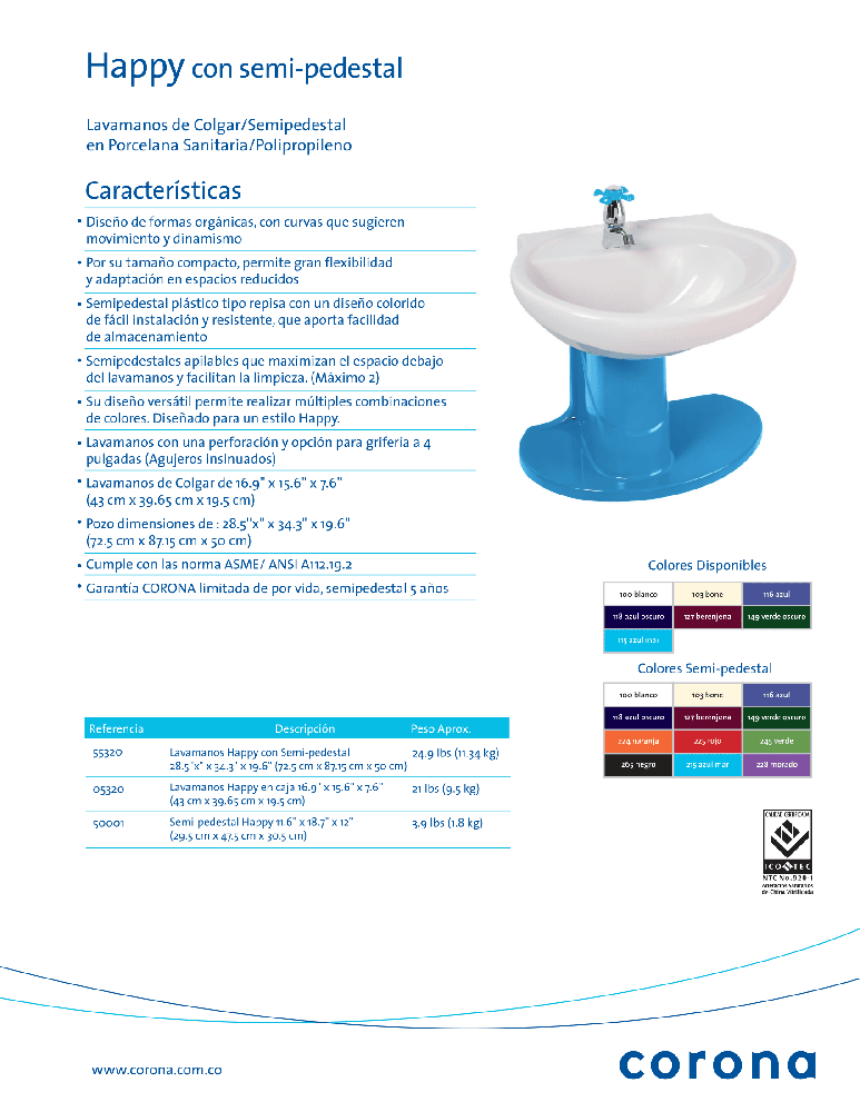 Lavamanos Corona Happy De Colgar Blanco - VIRTUAL MUEBLES