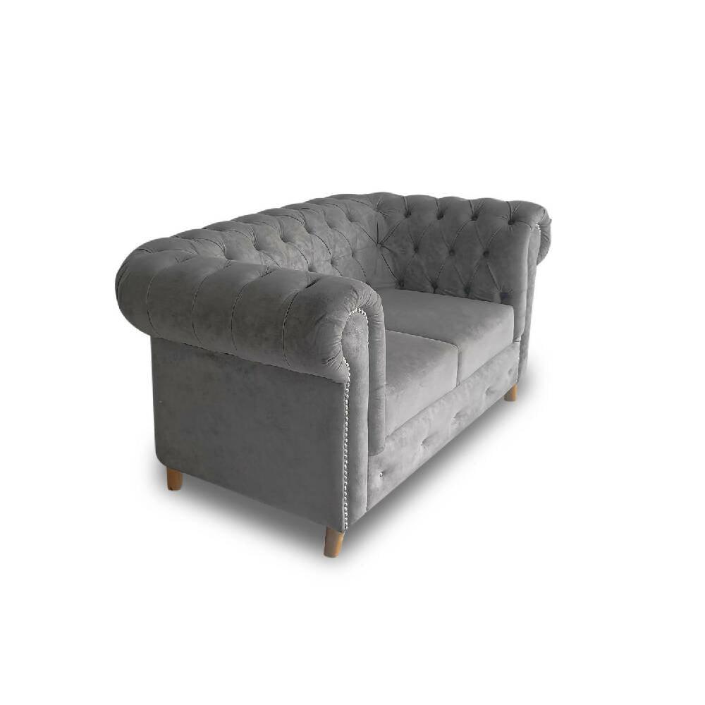 Sofá chester gris lino, patas de madera