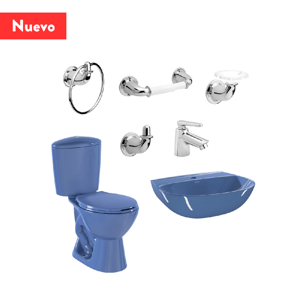Combo Corona Sanitario Manantial Pro Redondo Botón Sin Pedestal Azul - VIRTUAL MUEBLES