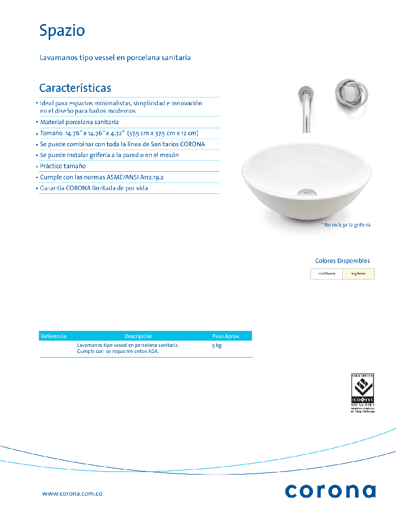 Lavamanos Corona Spazio II Vessel Sin Desagüe Beige - VIRTUAL MUEBLES