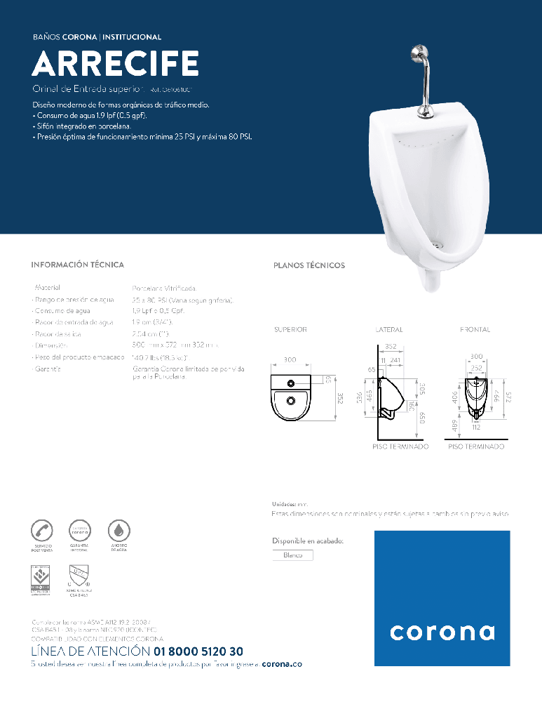 Orinal Corona Arrecife Entrada Superior - VIRTUAL MUEBLES