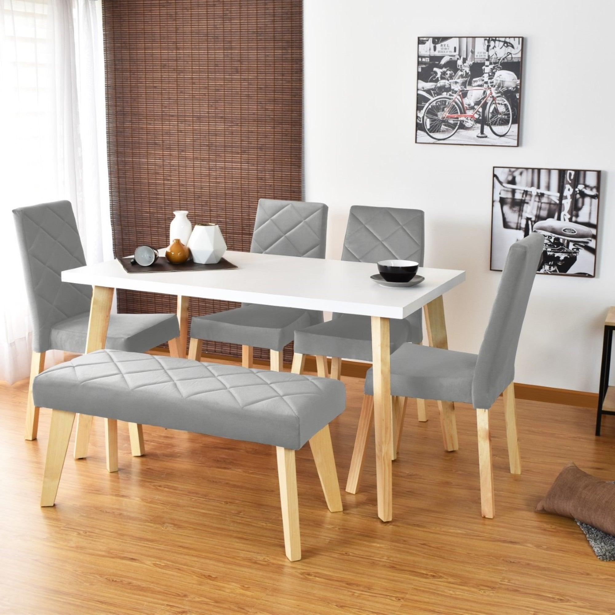 Juego de Comedor 6P Lugo Matiz Sillas y Butaco Liverpool Tela Plata - VIRTUAL MUEBLES