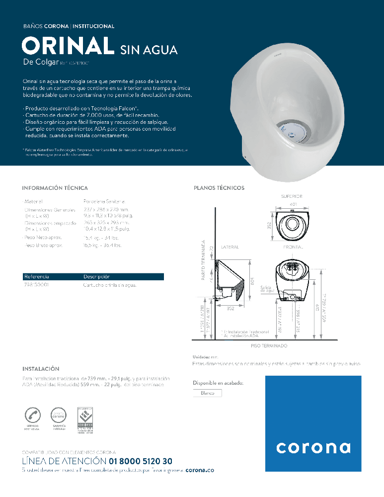 Orinal Corona Sin Agua Con Cartucho - VIRTUAL MUEBLES