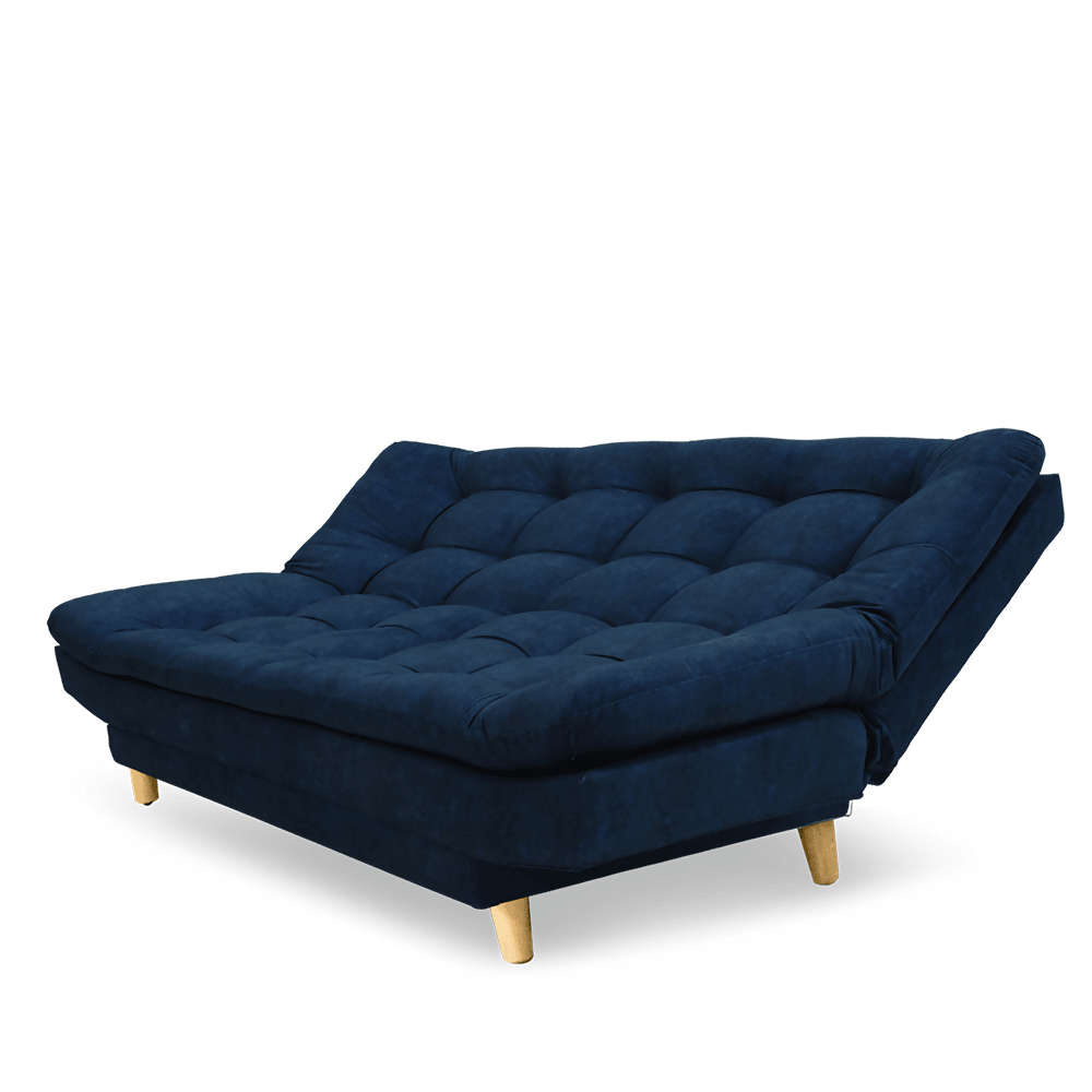Sofá cama Moltochic con brazos Lino azul, mesa de centro, cojines mostaza - VIRTUAL MUEBLES