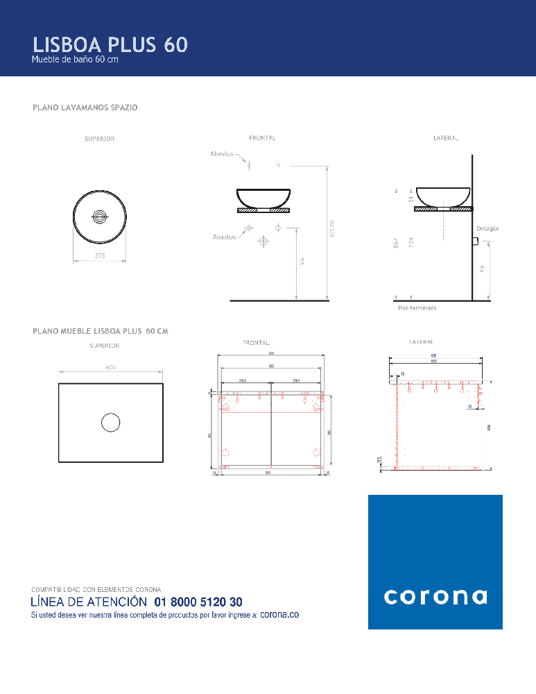 Mueble Lisboa Plus 60 cm Elevado con Lavamanos Spazio - VIRTUAL MUEBLES