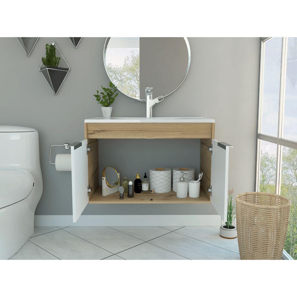 Mueble Lavamanos Burco color Café claro y Blanco para Baño.