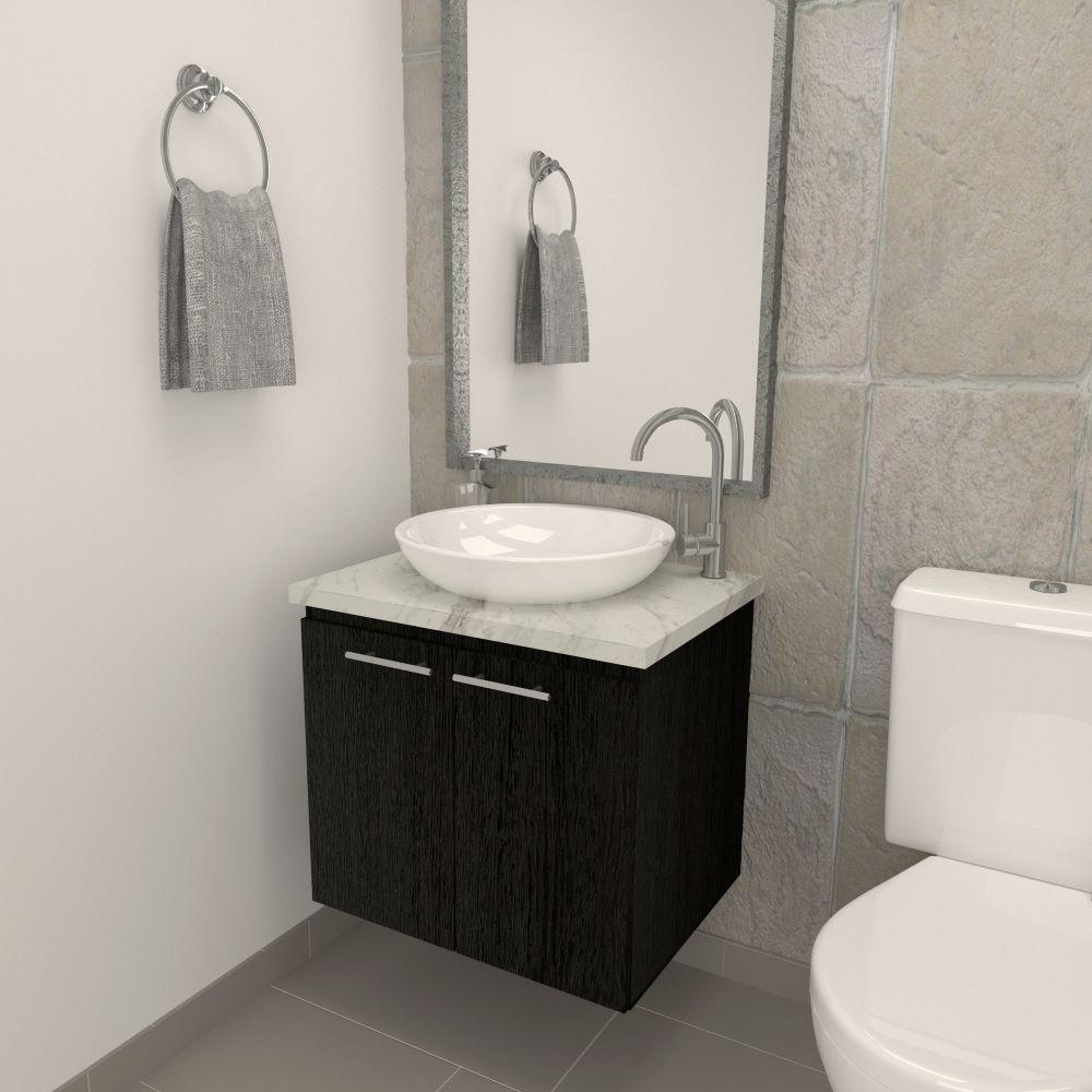 Mueble Lavamanos Stone, Wengue y Marmol Carrara, con un entrepaño interior - VIRTUAL MUEBLES