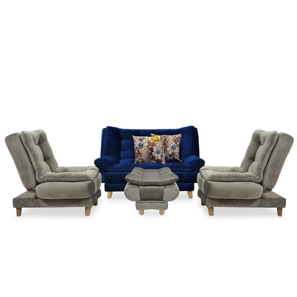 Sala Damasco mini lino azul y gris, patas de madera - VIRTUAL MUEBLES