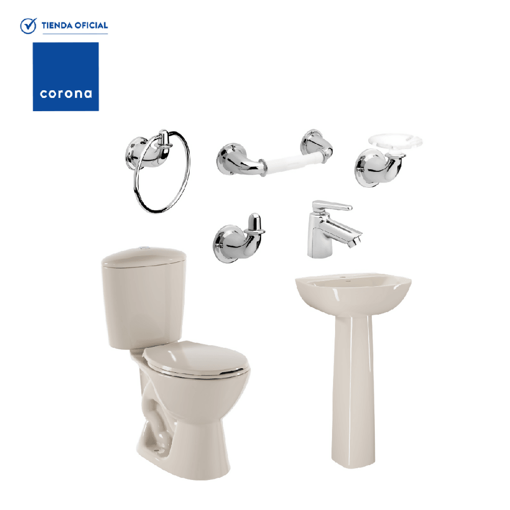 Combo Corona Sanitario Manantial Pro Redondo Botón con Pedestal Beige - VIRTUAL MUEBLES