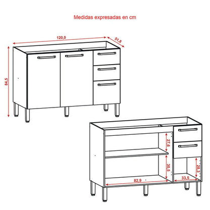 Cocina Canna 120cm 6 Puertas 2 Cajones Café/Blanco Apagado - VIRTUAL MUEBLES