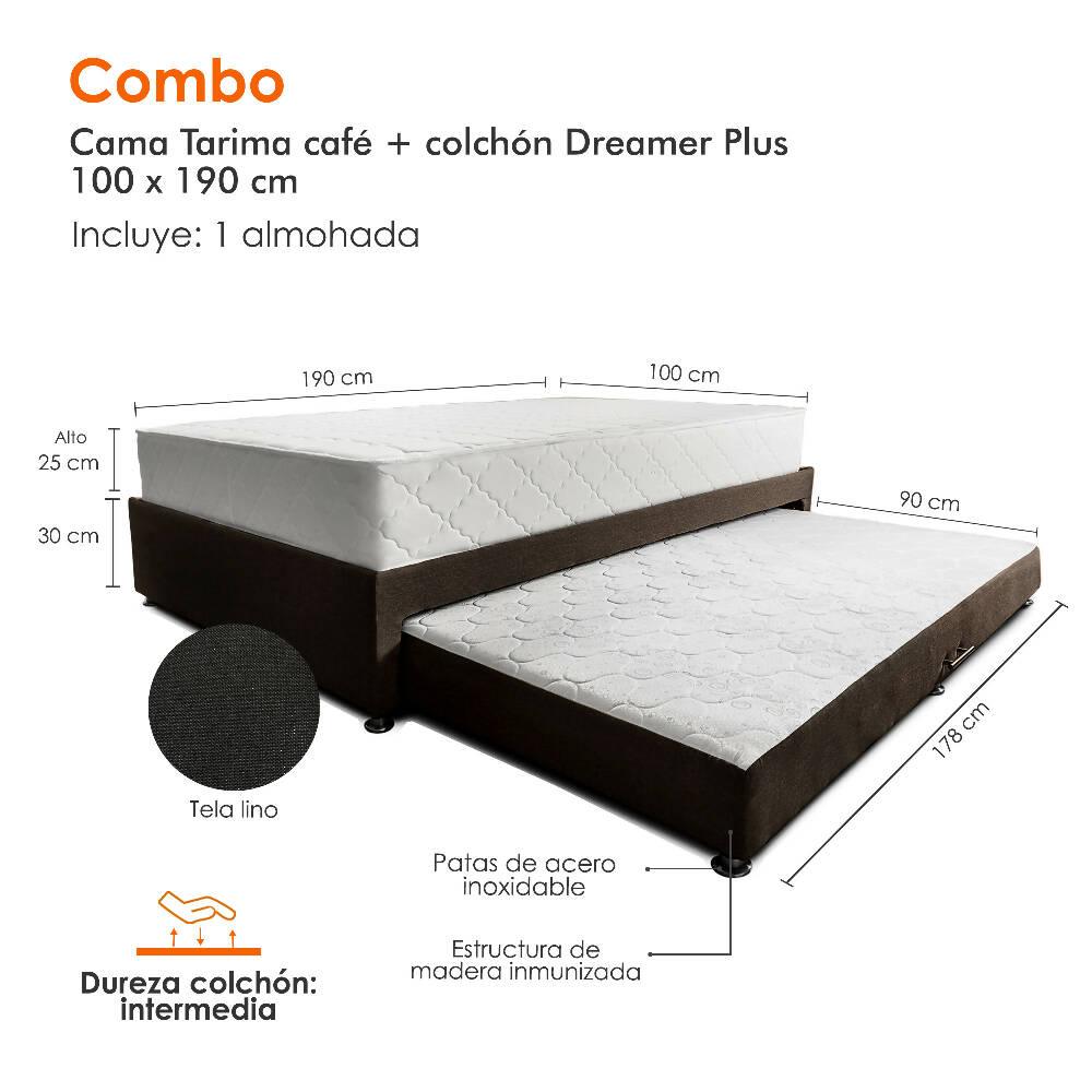 Combo cama Tarima café + colchón 100 x 190 cm + almohada - VIRTUAL MUEBLES