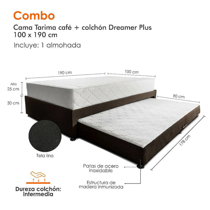 Combo cama Tarima café + colchón 100 x 190 cm + almohada - VIRTUAL MUEBLES