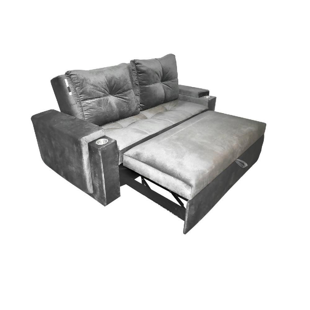 Sofá cama Dorian con porta vaso plata lino - VIRTUAL MUEBLES