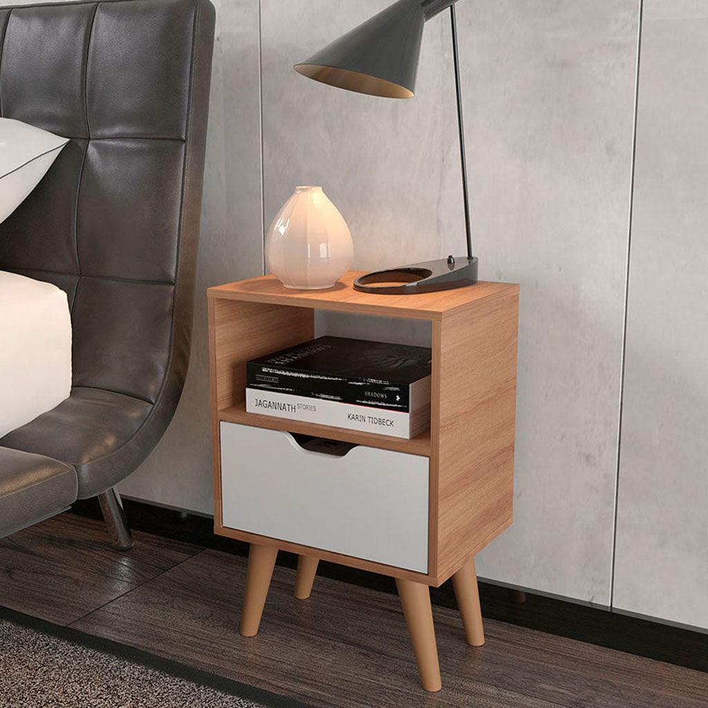 Mesa de noche essen almendra/blanco - VIRTUAL MUEBLES