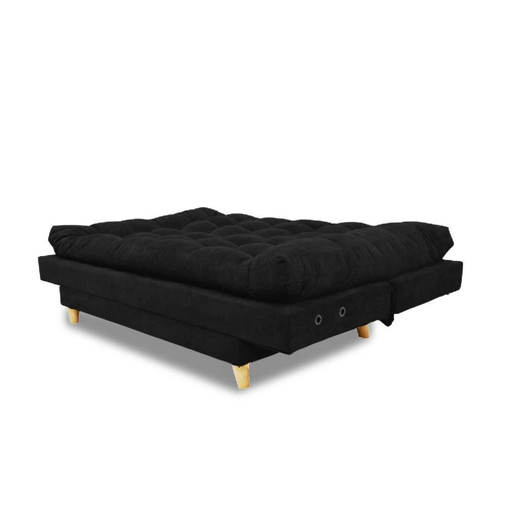 Sofá cama Nápoles lino negro, patas de madera - VIRTUAL MUEBLES