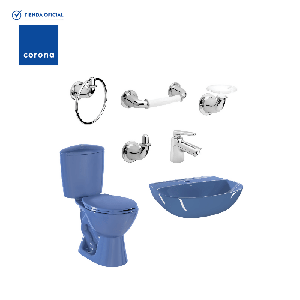 Combo Corona Sanitario Manantial Pro Redondo Botón Sin Pedestal Azul - VIRTUAL MUEBLES